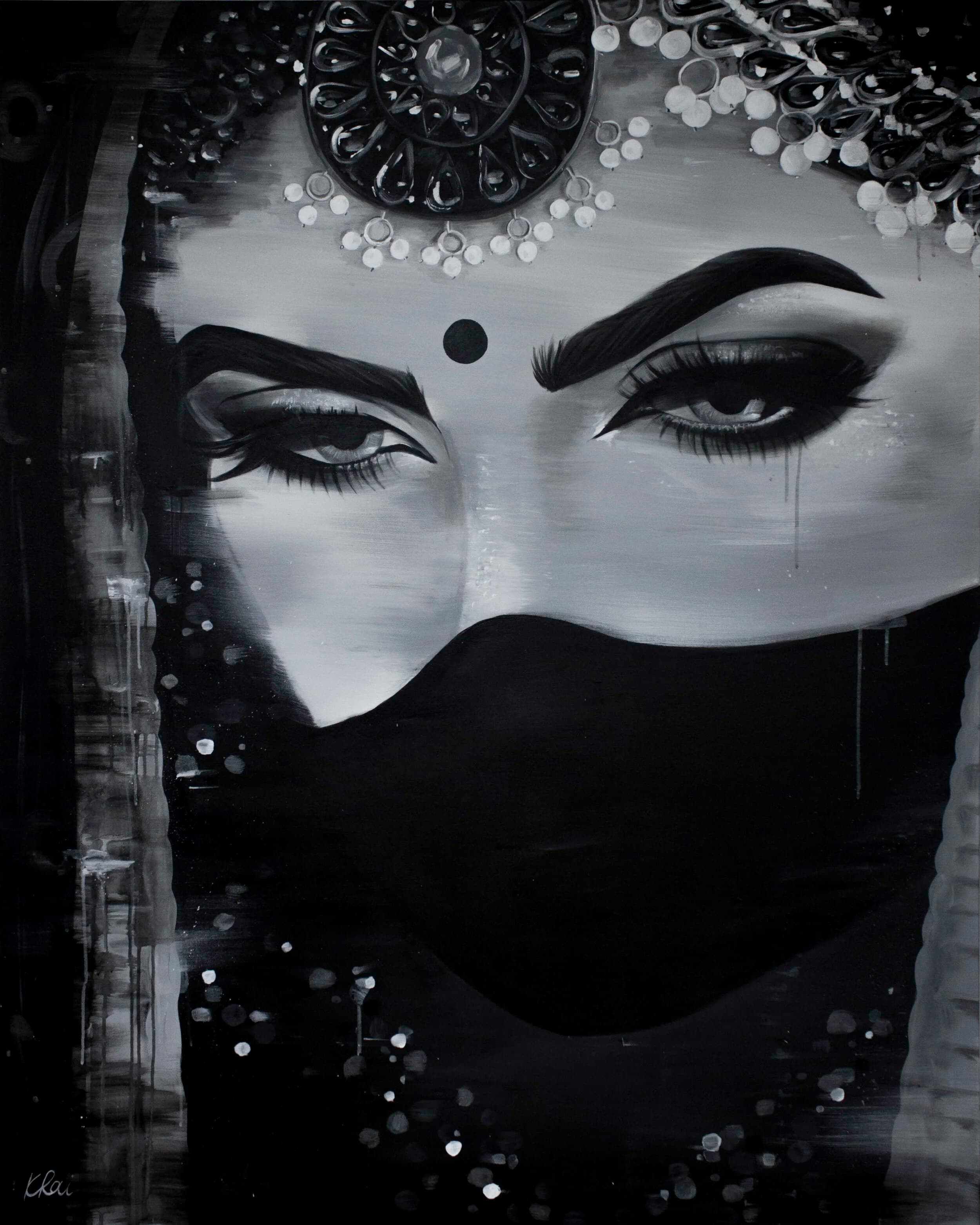 Masked Maharani, acrylic and ink on canvas by Kiran Rai-Bhullar