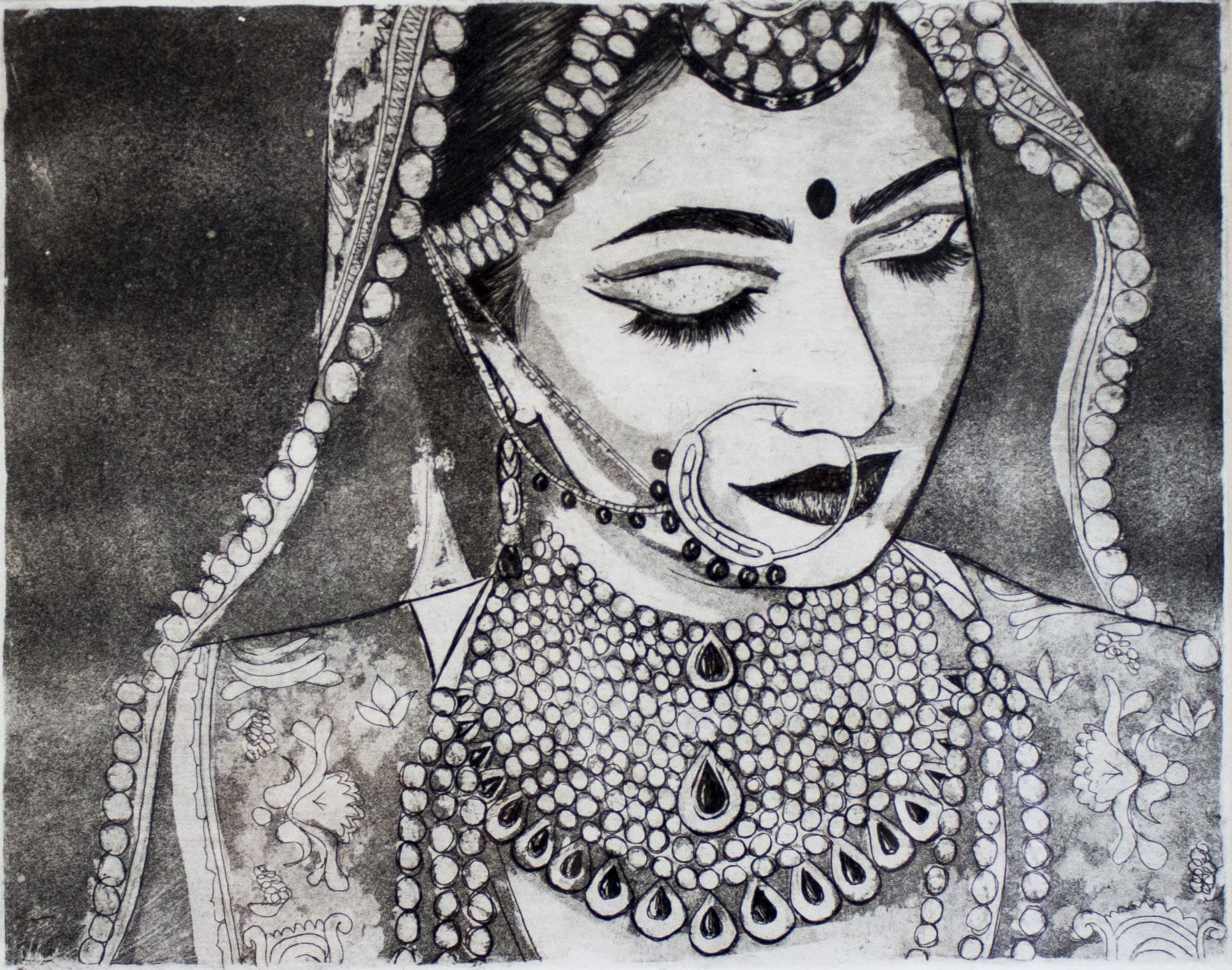 Akhiyan, a black and white intaglio print of a bride with lowered eyes, a nose ring and a jewelled dupatta