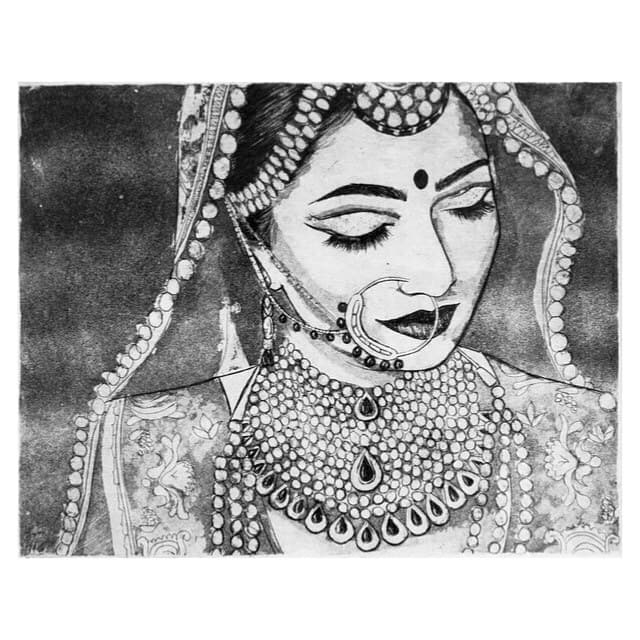 Akhiyan, a black and white intaglio print of a bride with lowered eyes, a nose ring and a jewelled dupatta