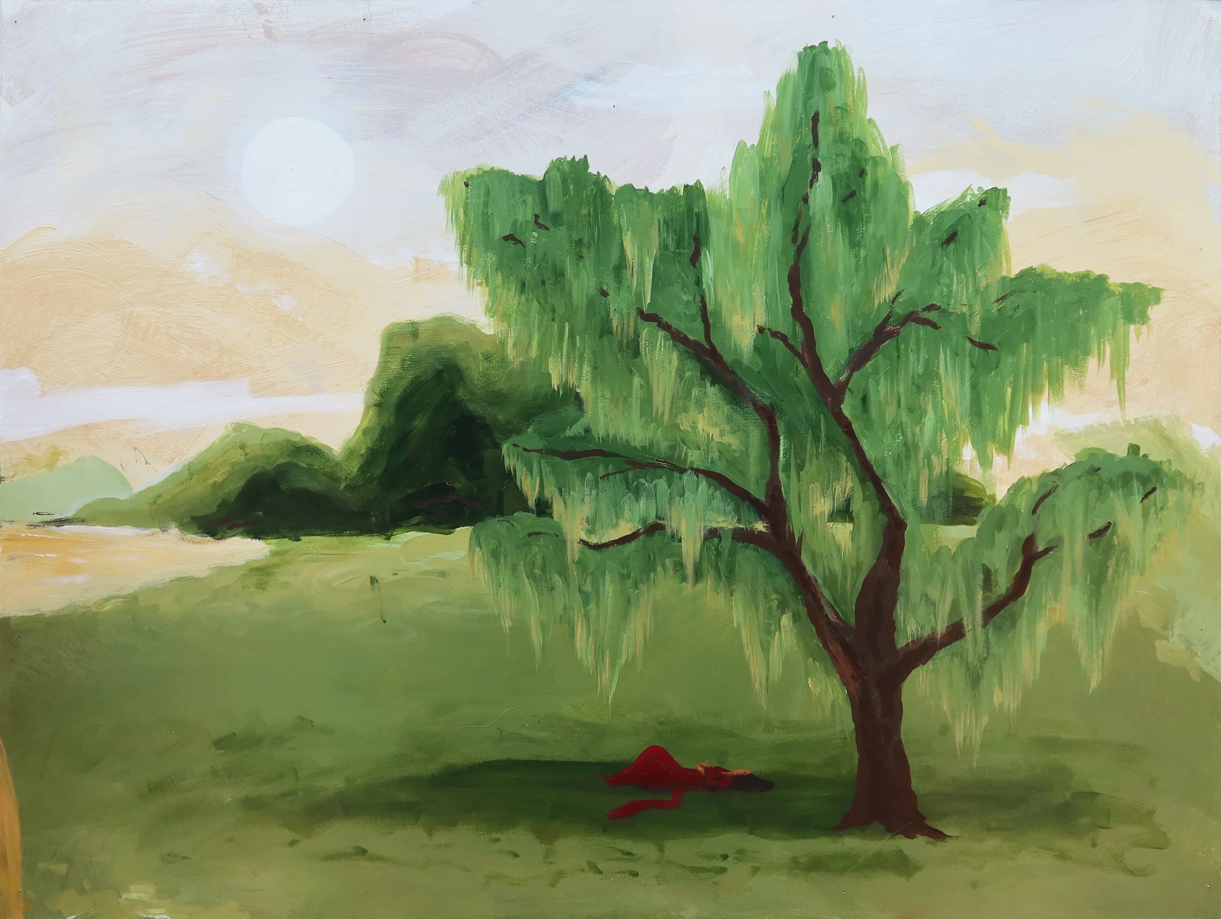 Bloom, a willow over a green field with a small figure in red lying in the grass