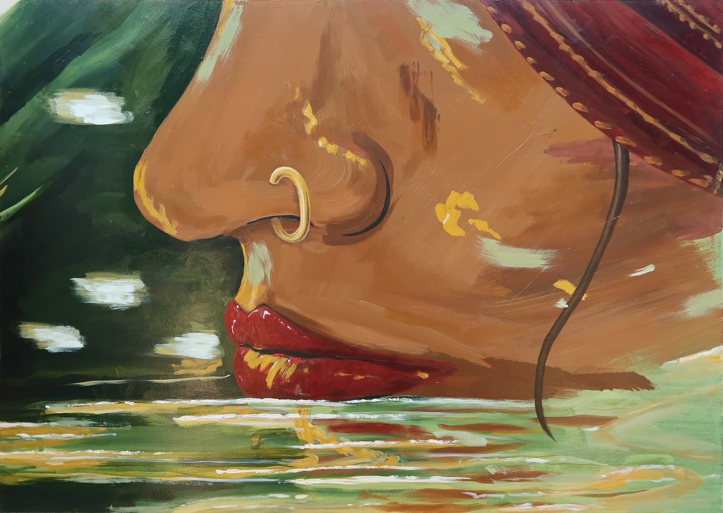 Dive, a woman’s face with a gold nath meeting the surface of green water
