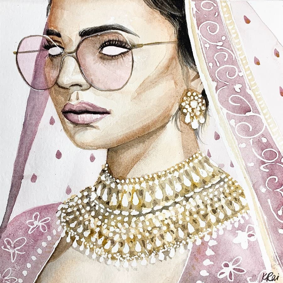 Gulabi Rani, a woman in a pink dupatta and gold choker wearing round pink glasses, in watercolour