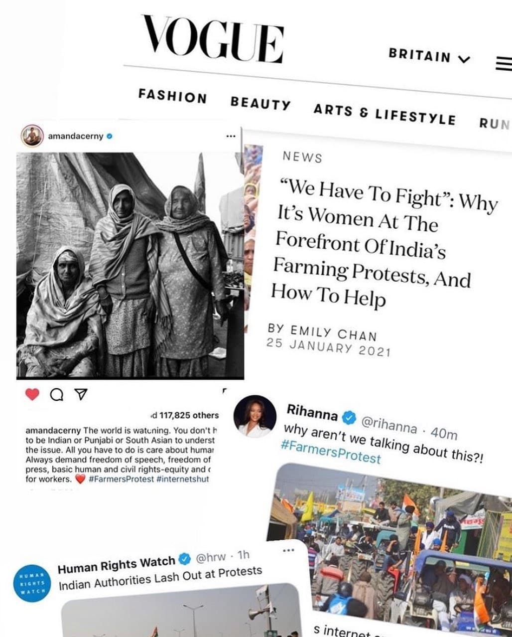 A collage of news and social posts about the farmers’ protest from early 2021, including a British Vogue headline, a Rihanna tweet and a Human Rights Watch post
