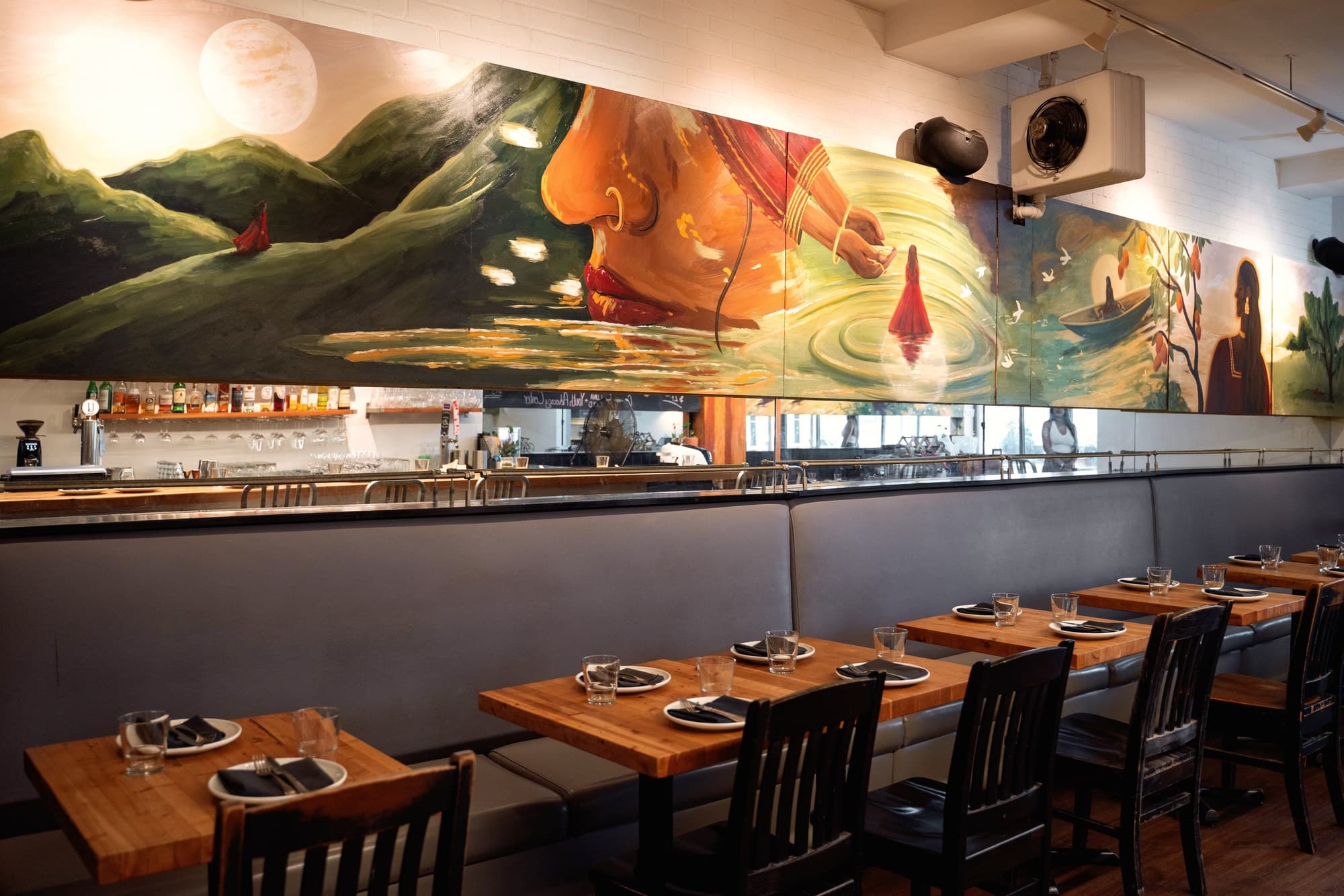 A Ritual of Seasons, six panels painted for the banquette wall at UNA Pizza + Wine on 17th Avenue