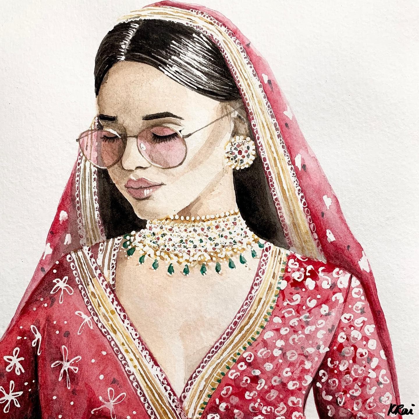 Modern Day Dulhan, a bride in a red lehenga and heavy gold jewellery wearing pink-tinted glasses, in watercolour