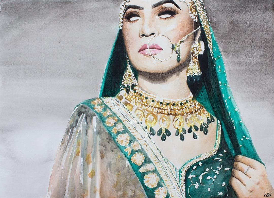Raat ki Rani, a bride in a teal dupatta and gold jewellery with a nose ring, in watercolour