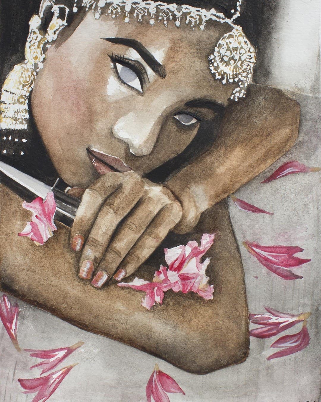 Sherni, a woman resting her chin on her arm among pink petals, a knife in her hand, in watercolour