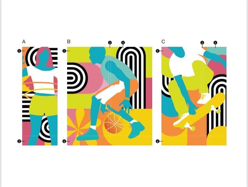 The three window decal designs: a girl with a hula hoop, a basketball player and a skateboarder, in bright blocks of colour with black and white stripes