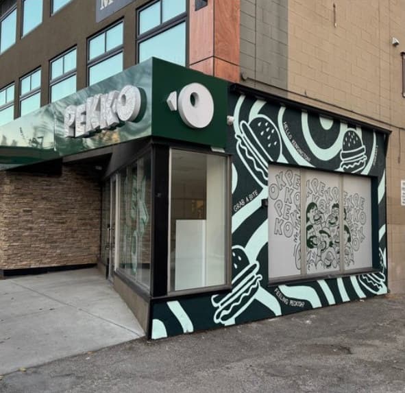 The Pekko storefront in Kensington, wrapped in the black and white burger mural