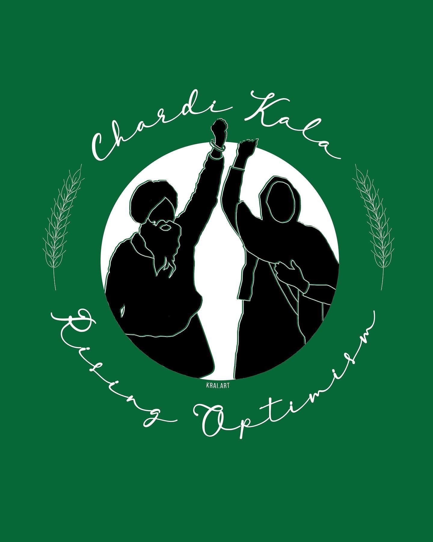 Chardi Kala, two figures raising their arms inside a white circle ringed by the words Chardi Kala and Rising Optimism, on green