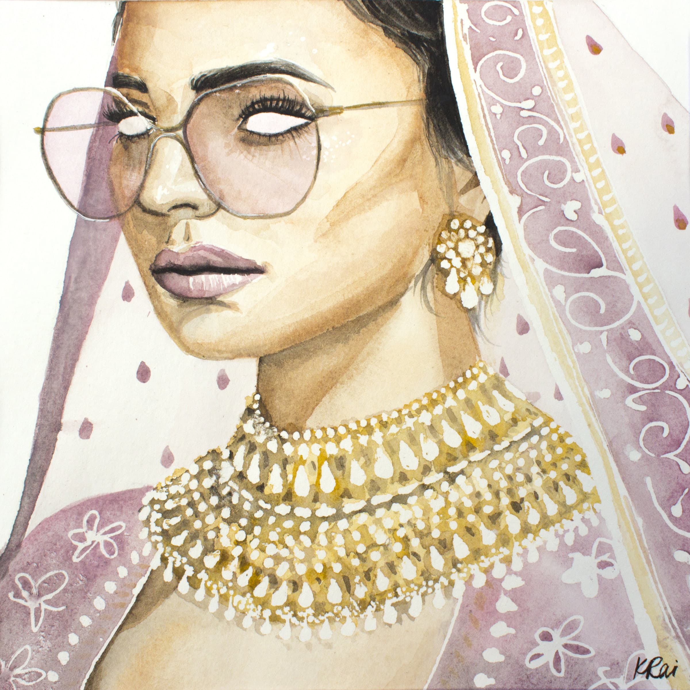 Gulabi Rani, a woman in a pink dupatta and gold choker wearing round pink glasses, in watercolour