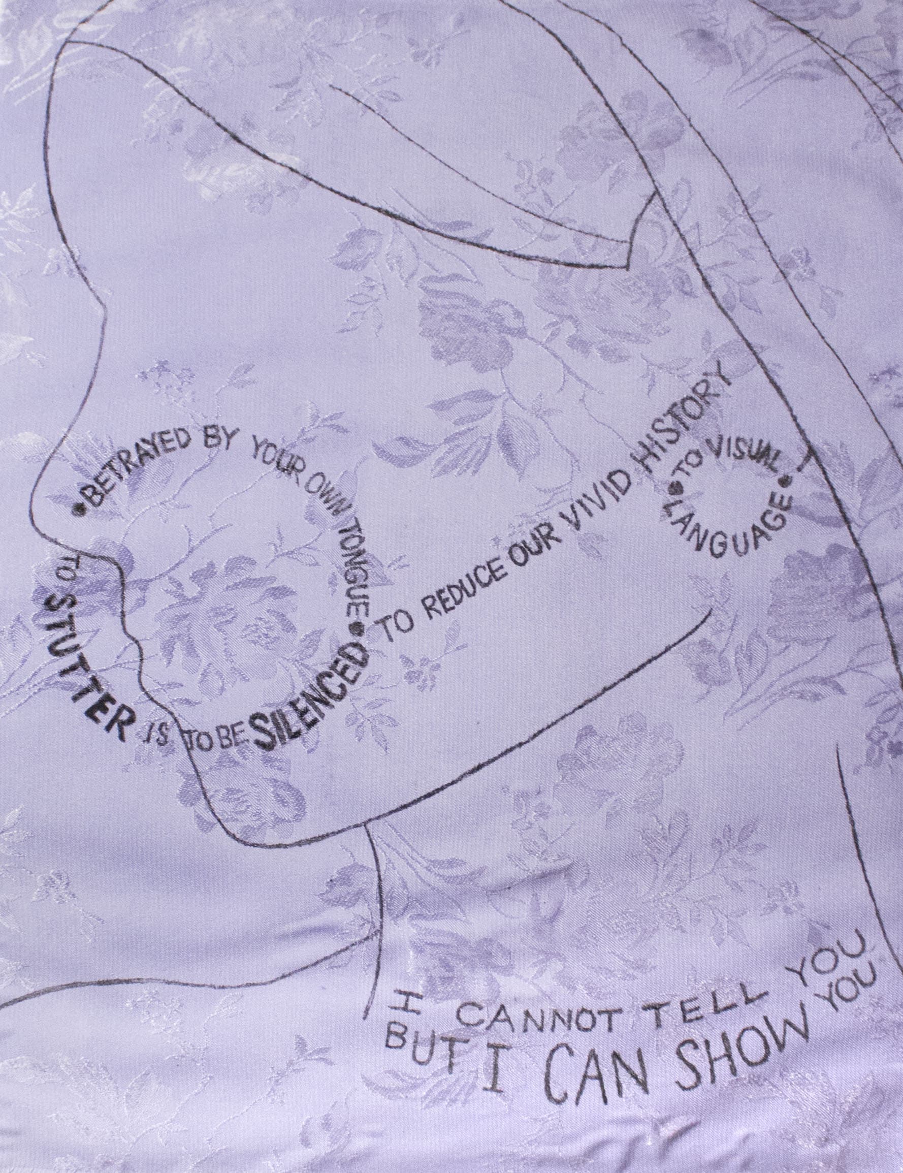 I Am the Diaspora II, a woman in profile with lines of poetry curving like a nose chain, printed on violet fabric