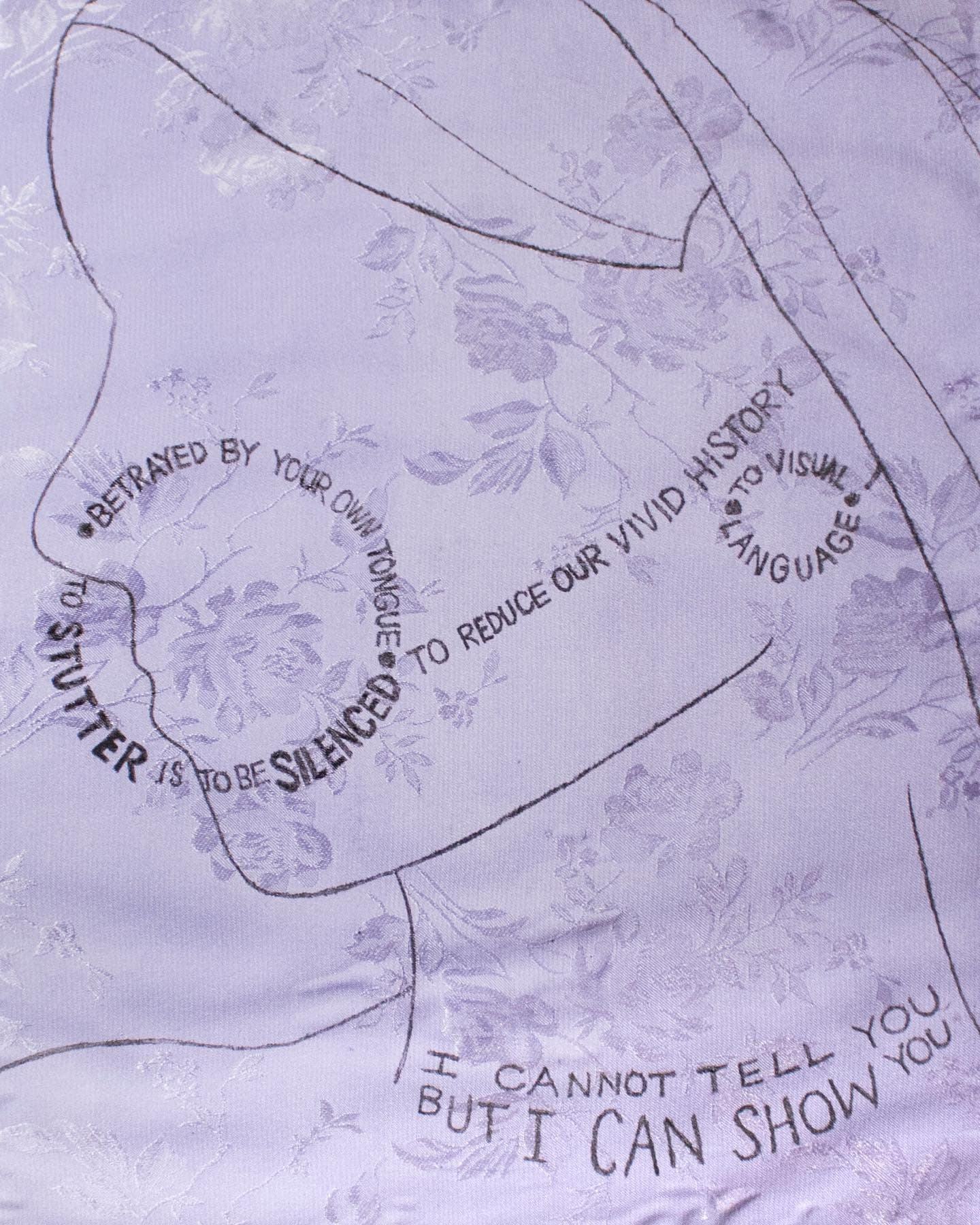I Am the Diaspora II, a woman in profile with lines of poetry curving like a nose chain, printed on violet fabric