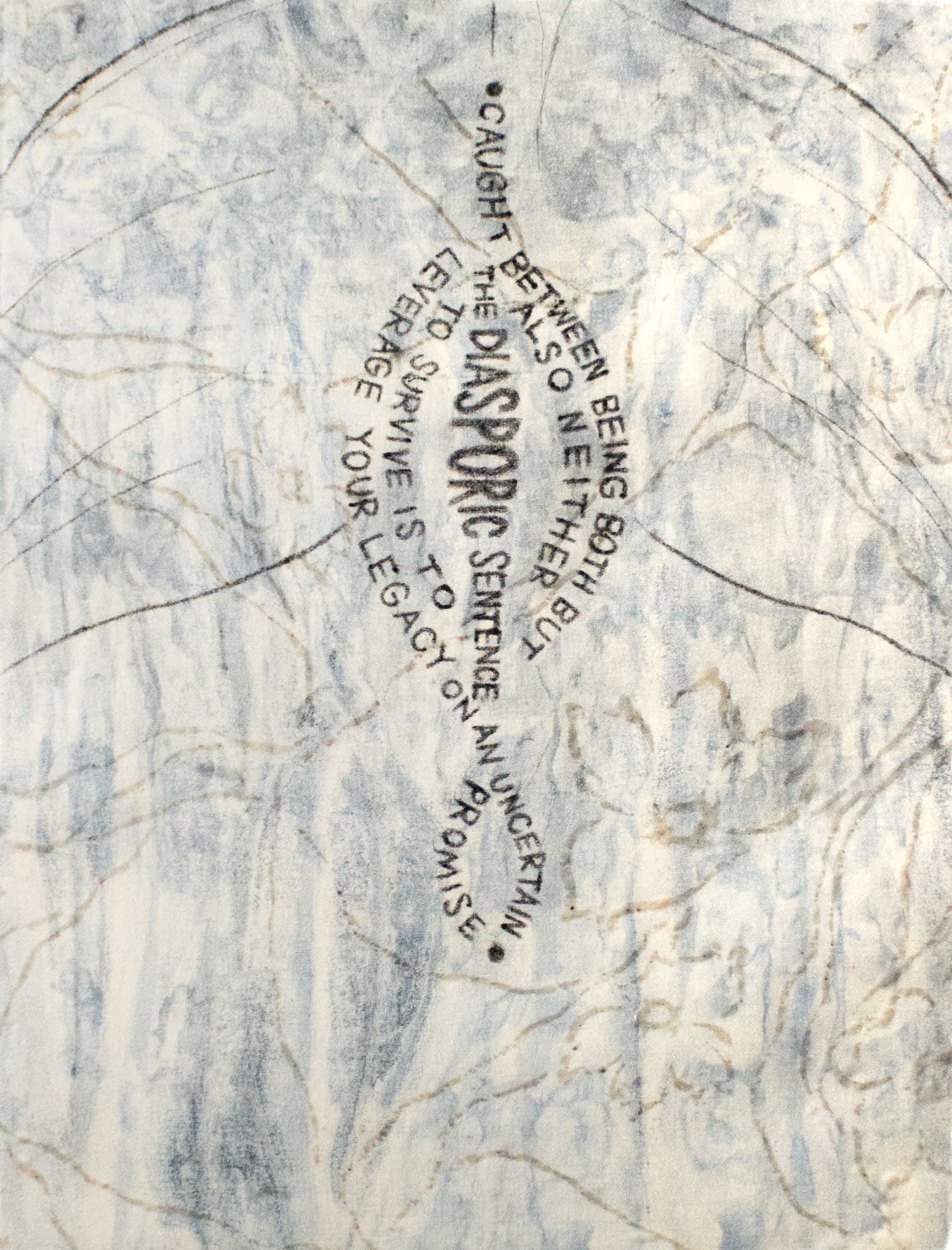 I Am the Diaspora III, lines of poetry drawn as an earring, printed on pale blue fabric