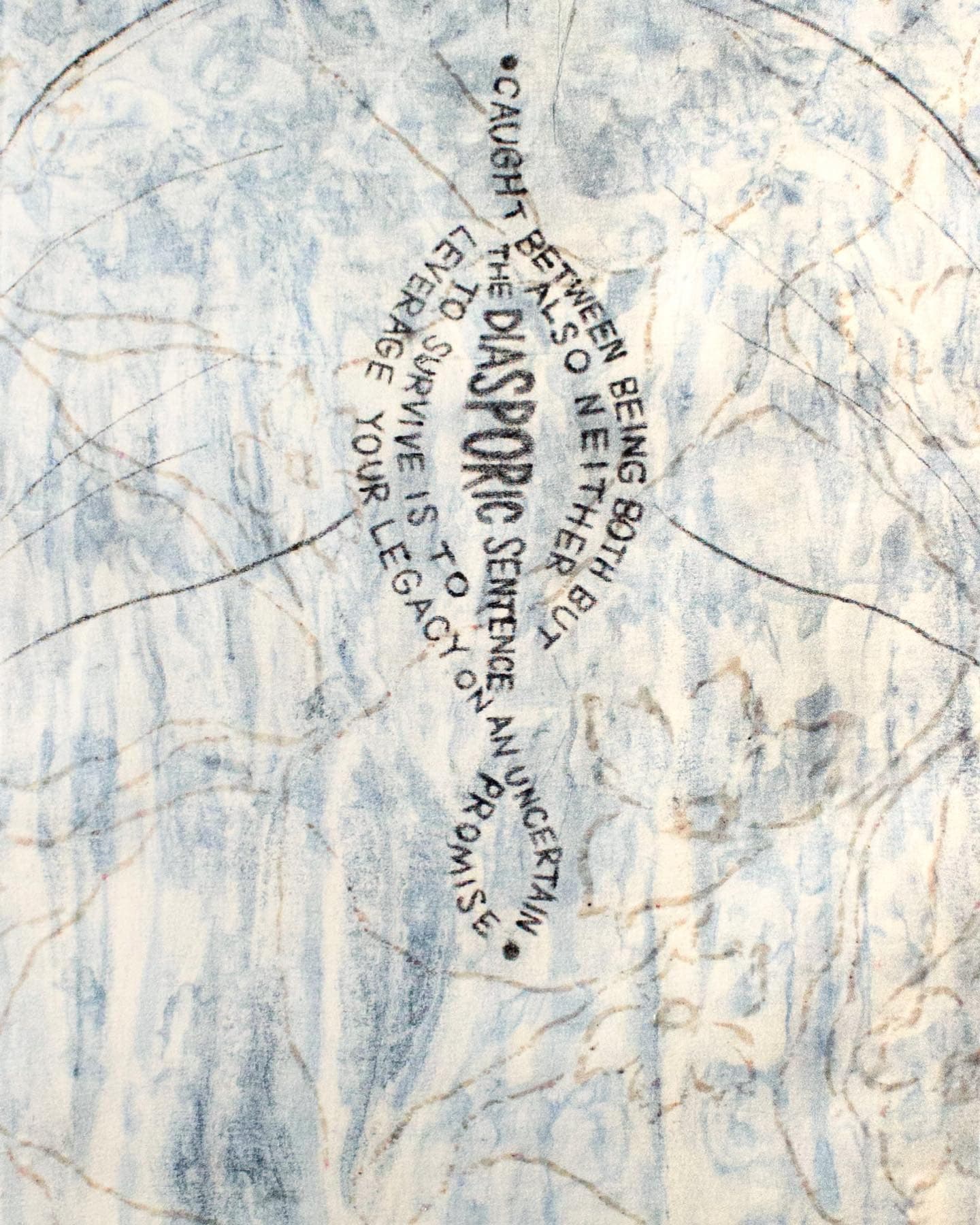 I Am the Diaspora III, lines of poetry drawn as an earring, printed on pale blue fabric
