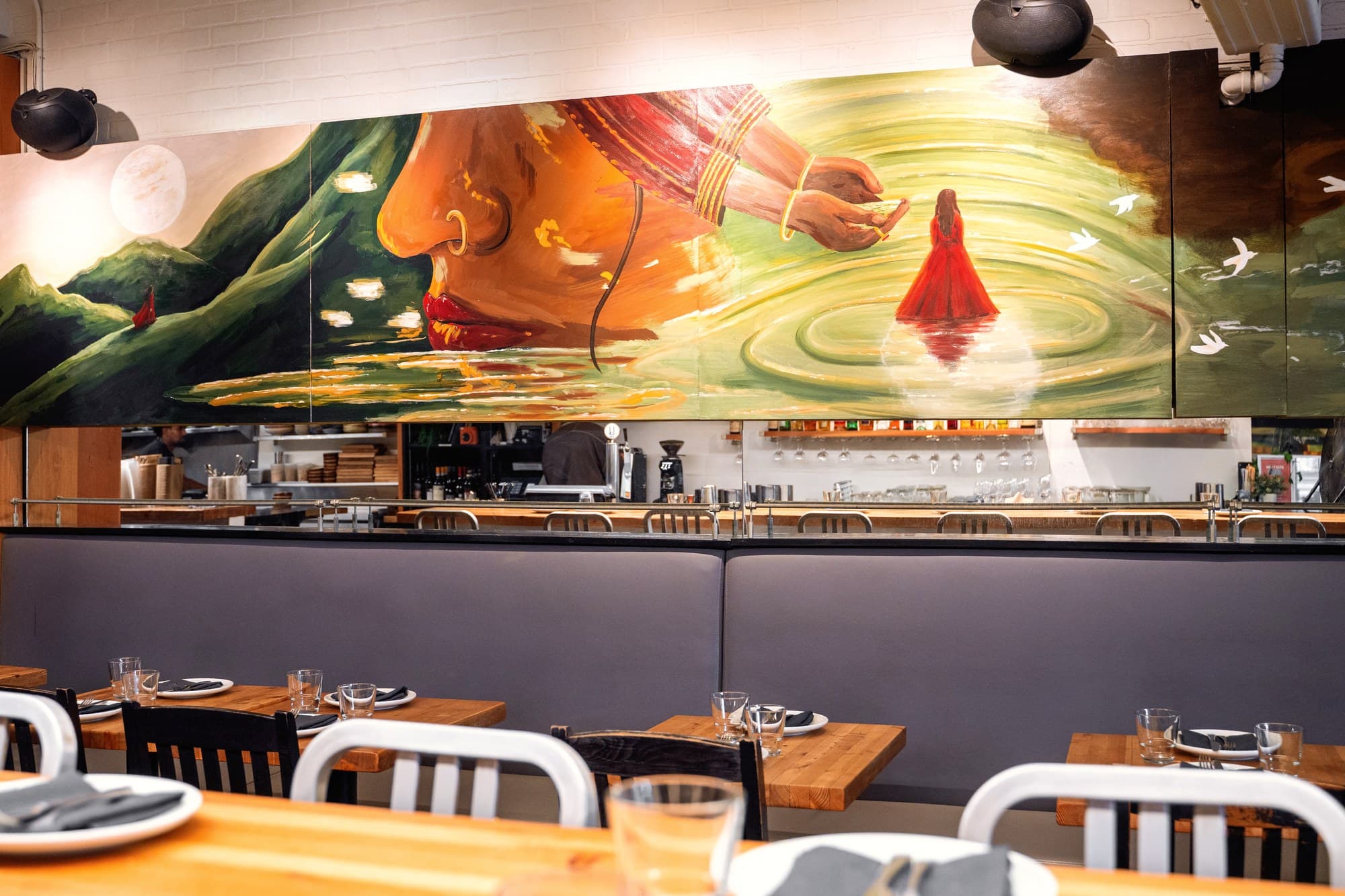 Journey, Dive and Reflection, the first three panels of A Ritual of Seasons, installed at UNA Pizza + Wine