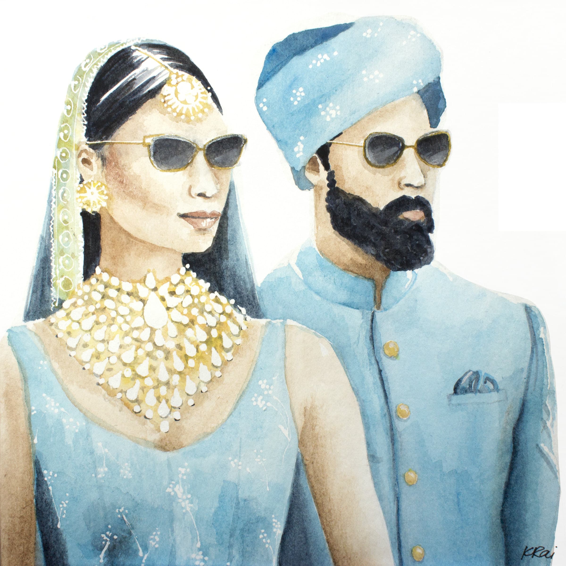 Kala Chashma, a bride and groom in pale blue wearing dark sunglasses, in watercolour