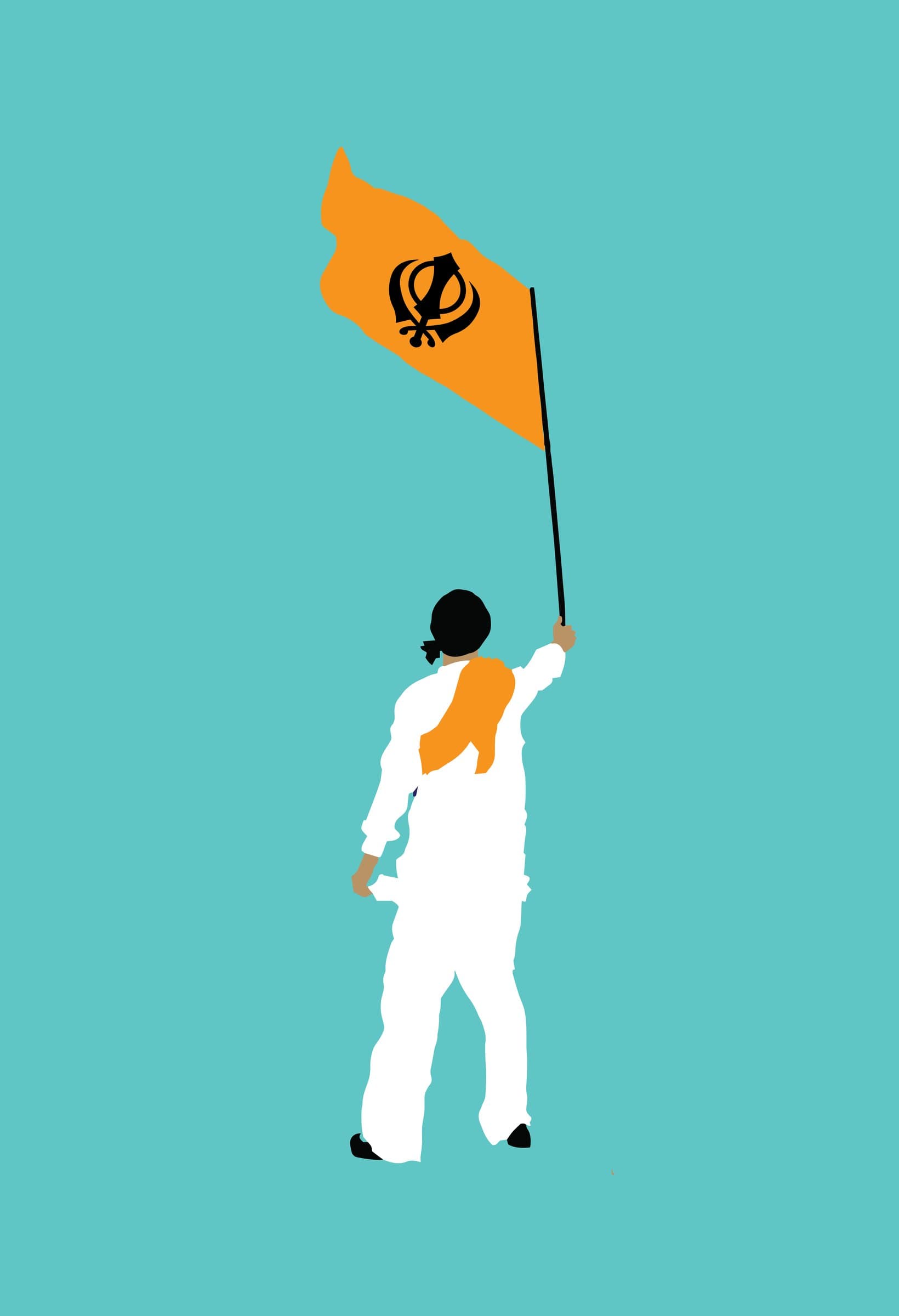 Kisaan, a farmer dressed in white raising an orange flag with the Khanda against a turquoise ground