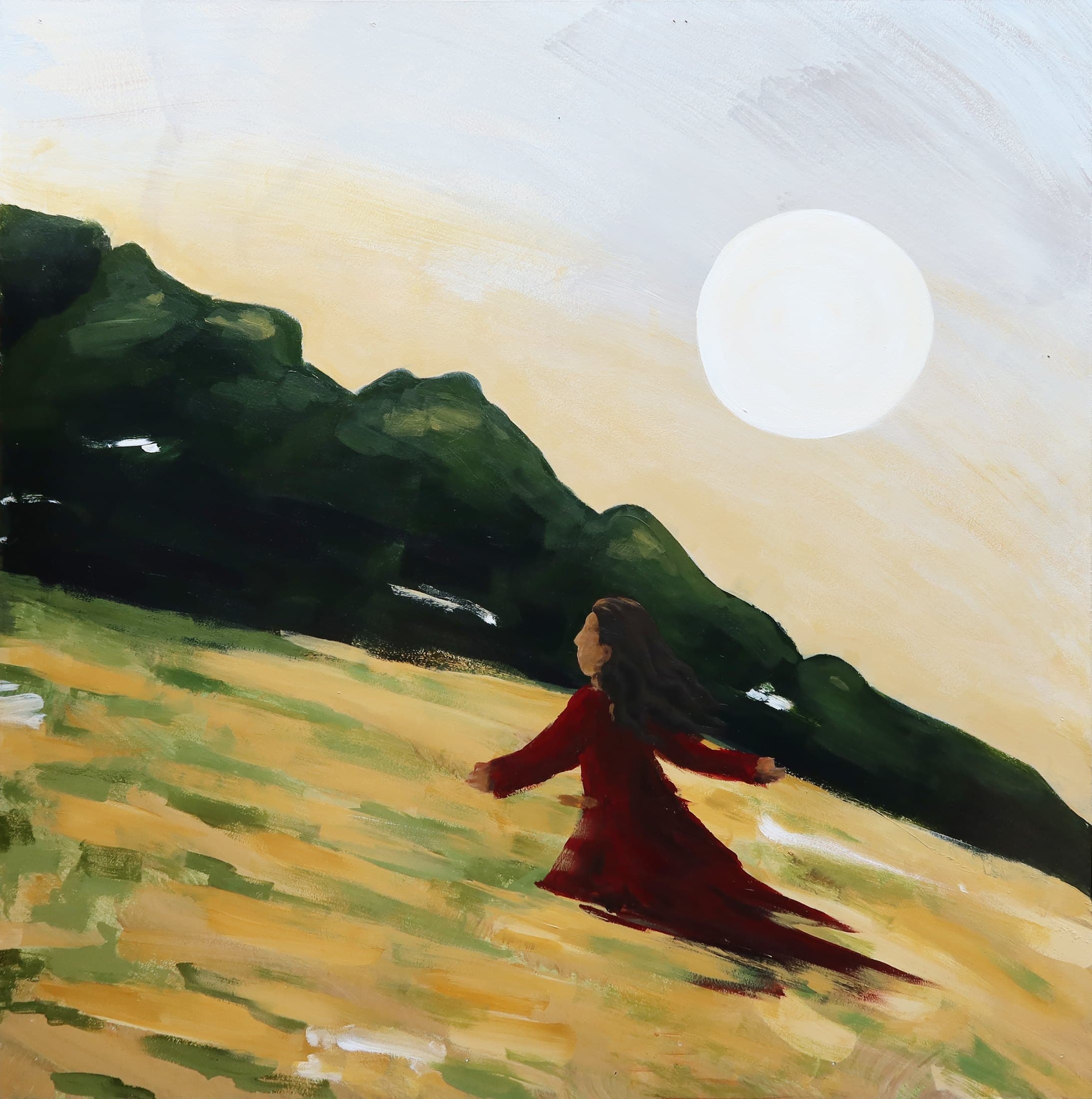 Liberation, a figure in red running through golden grass beneath the moon