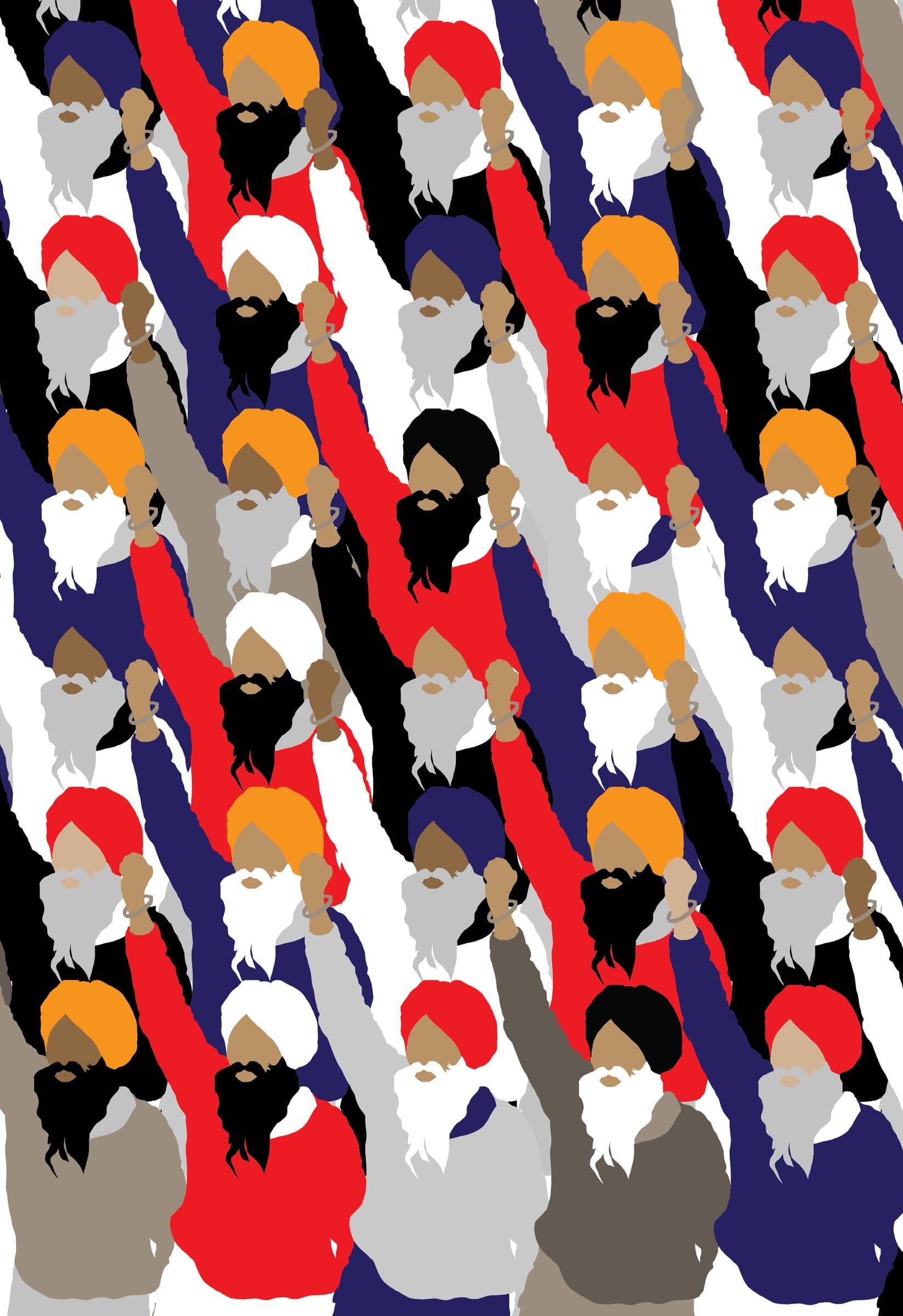 Long Live Farmers, rows of turbaned farmers with raised fists in red, navy, orange and white