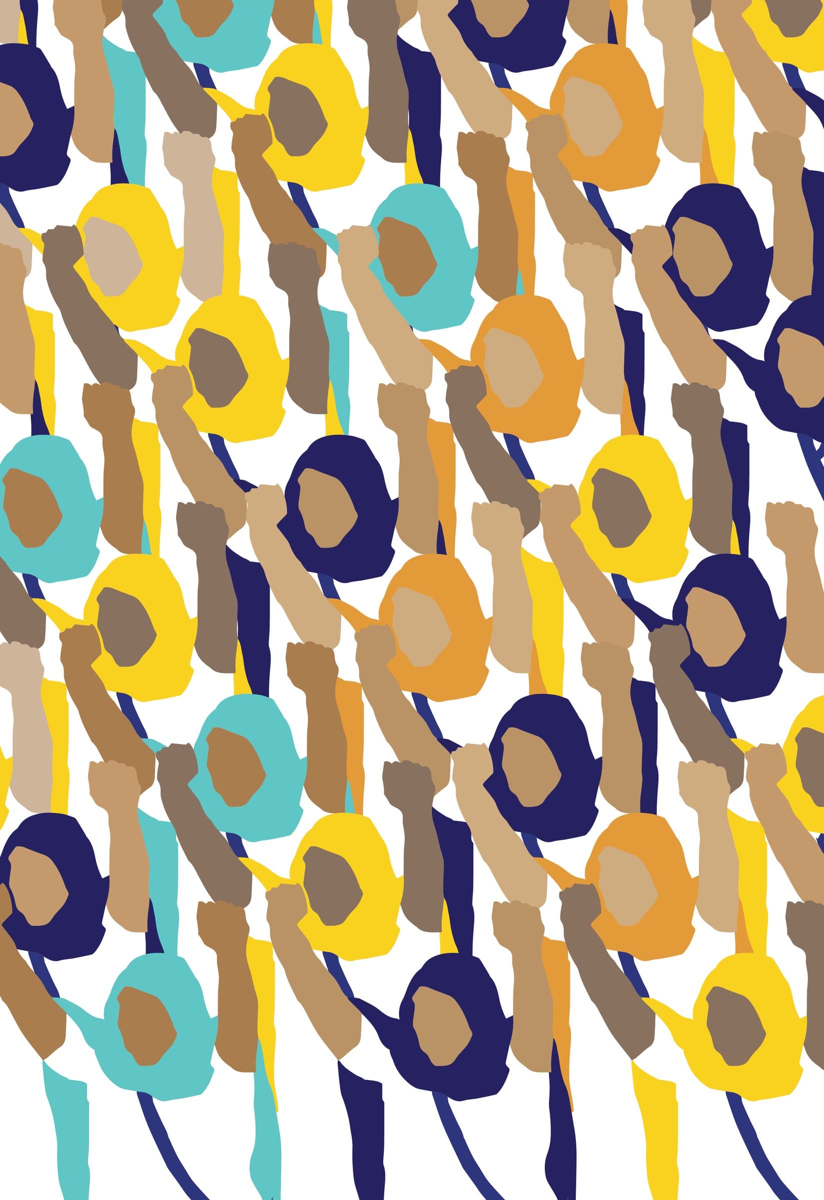 Long Live Women Farmers, a pattern of women farmers with raised fists in yellow, teal, navy and tan