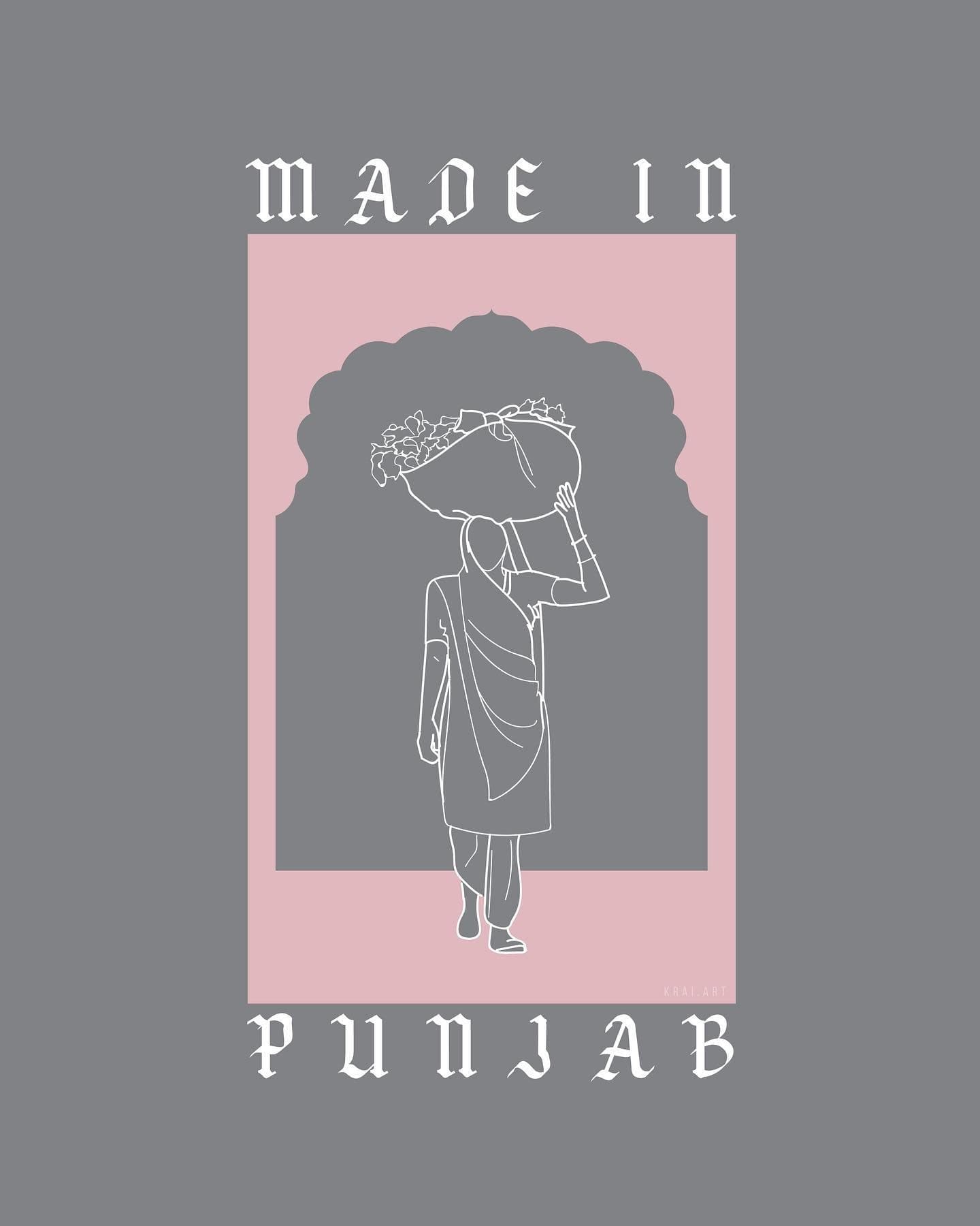 Made in Punjab, a woman carrying a basket on her head inside a pink arch, with the words Made in Punjab, on grey