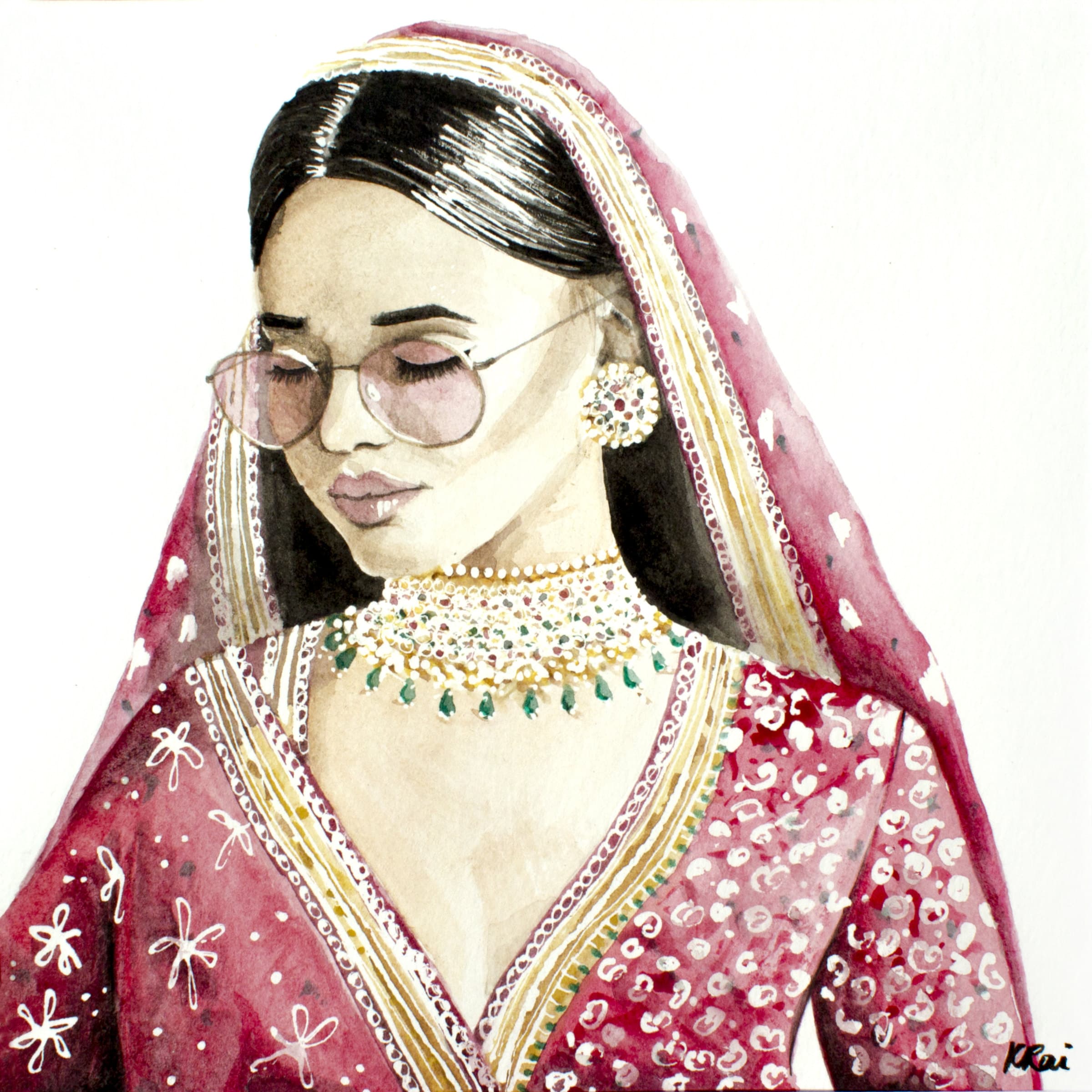 Modern Day Dulhan, a bride in a red lehenga and heavy gold jewellery wearing pink-tinted glasses, in watercolour