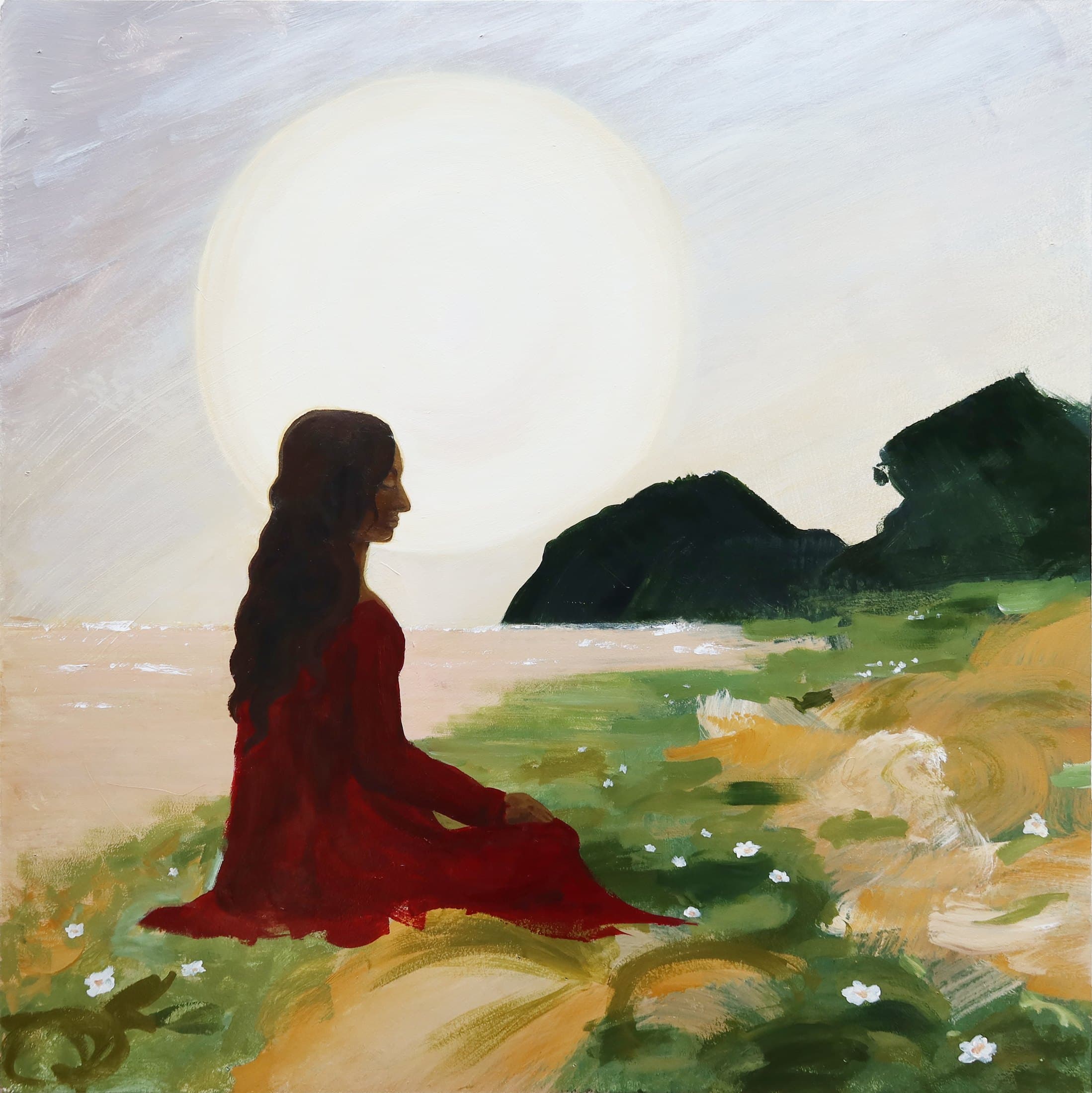Peace, a woman in red seated beneath a large moon beside still water and dark hills