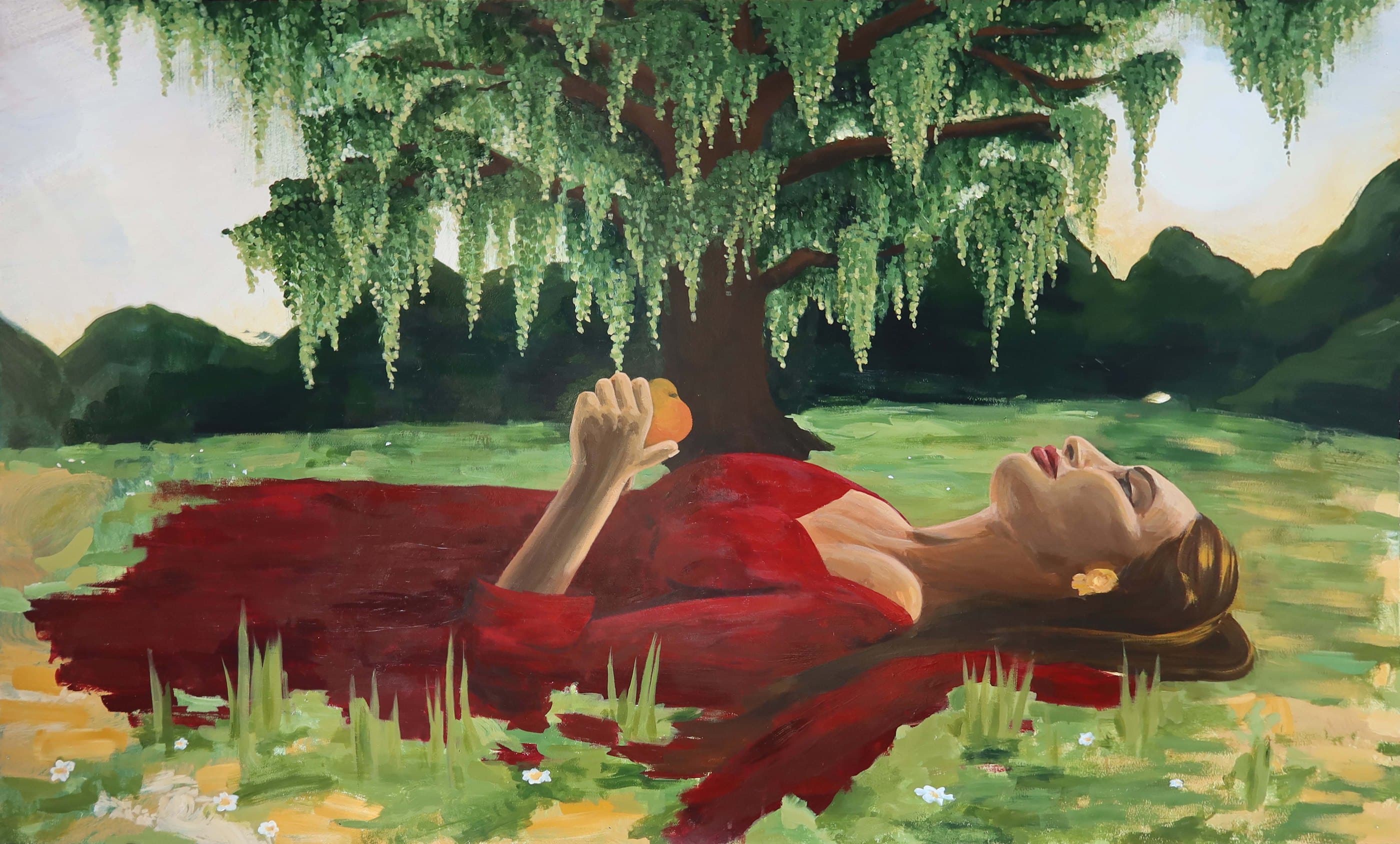 Planting Seeds, a woman in red lying in the grass beneath a willow, holding a mango