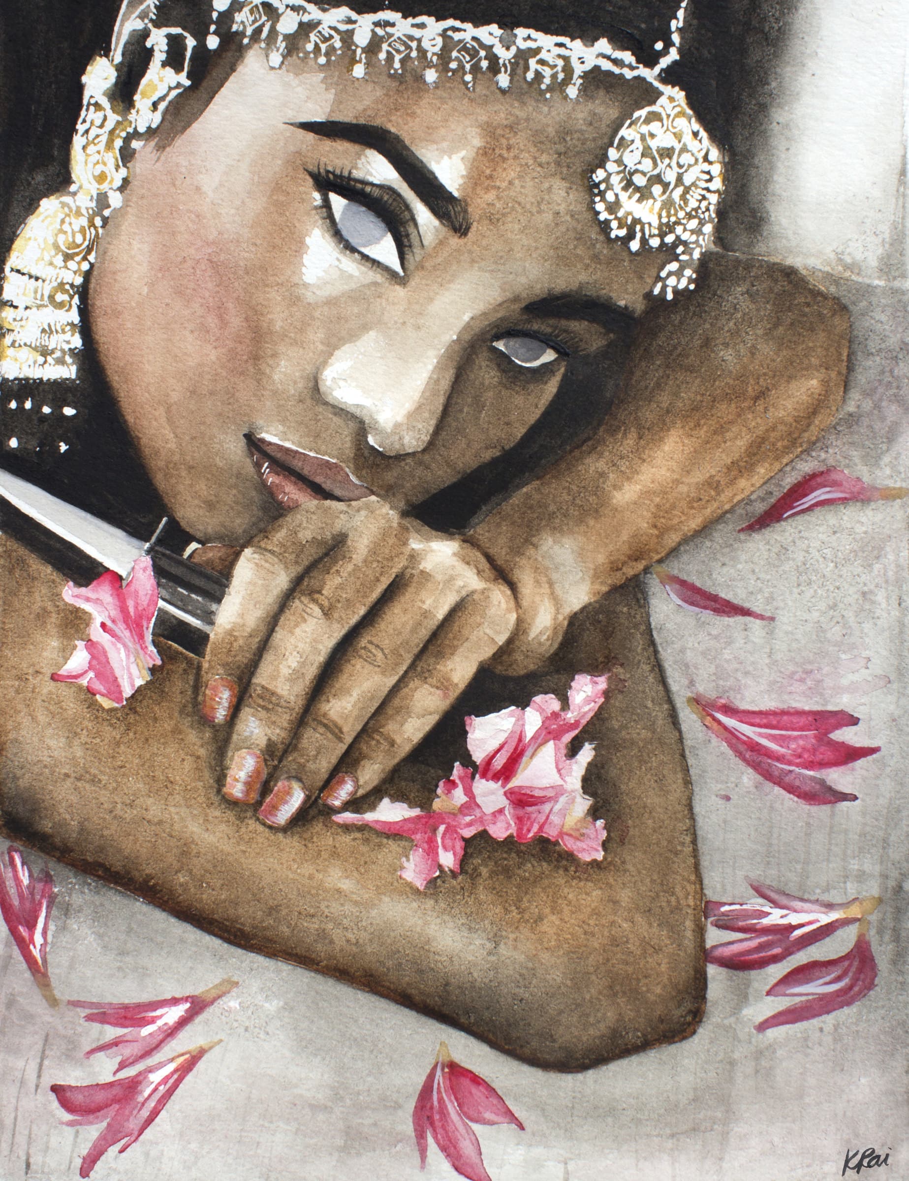 Sherni, a woman resting her chin on her arm among pink petals, a knife in her hand, in watercolour