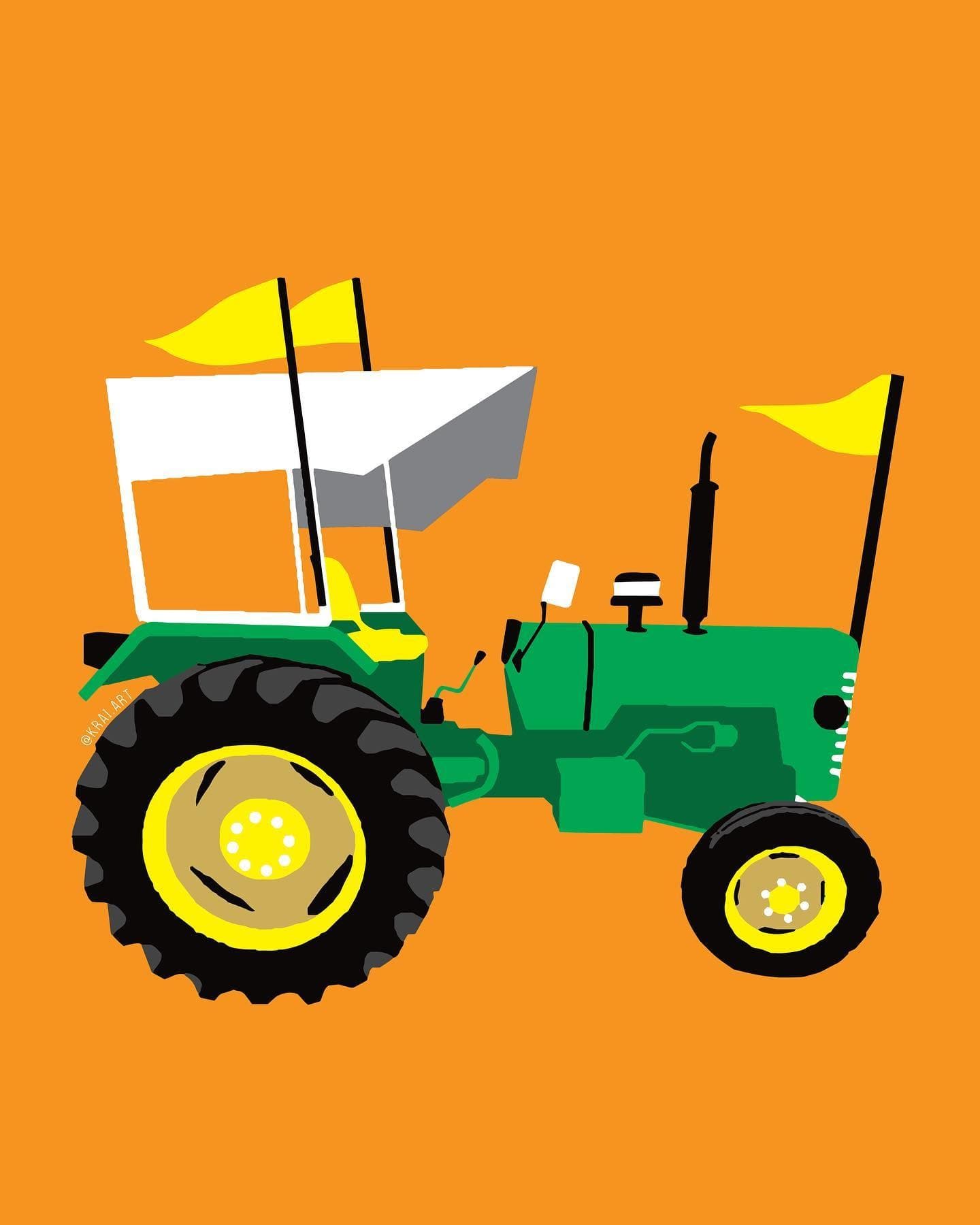 The Tractor, a green farm tractor with a white canopy flying saffron and yellow flags, on orange