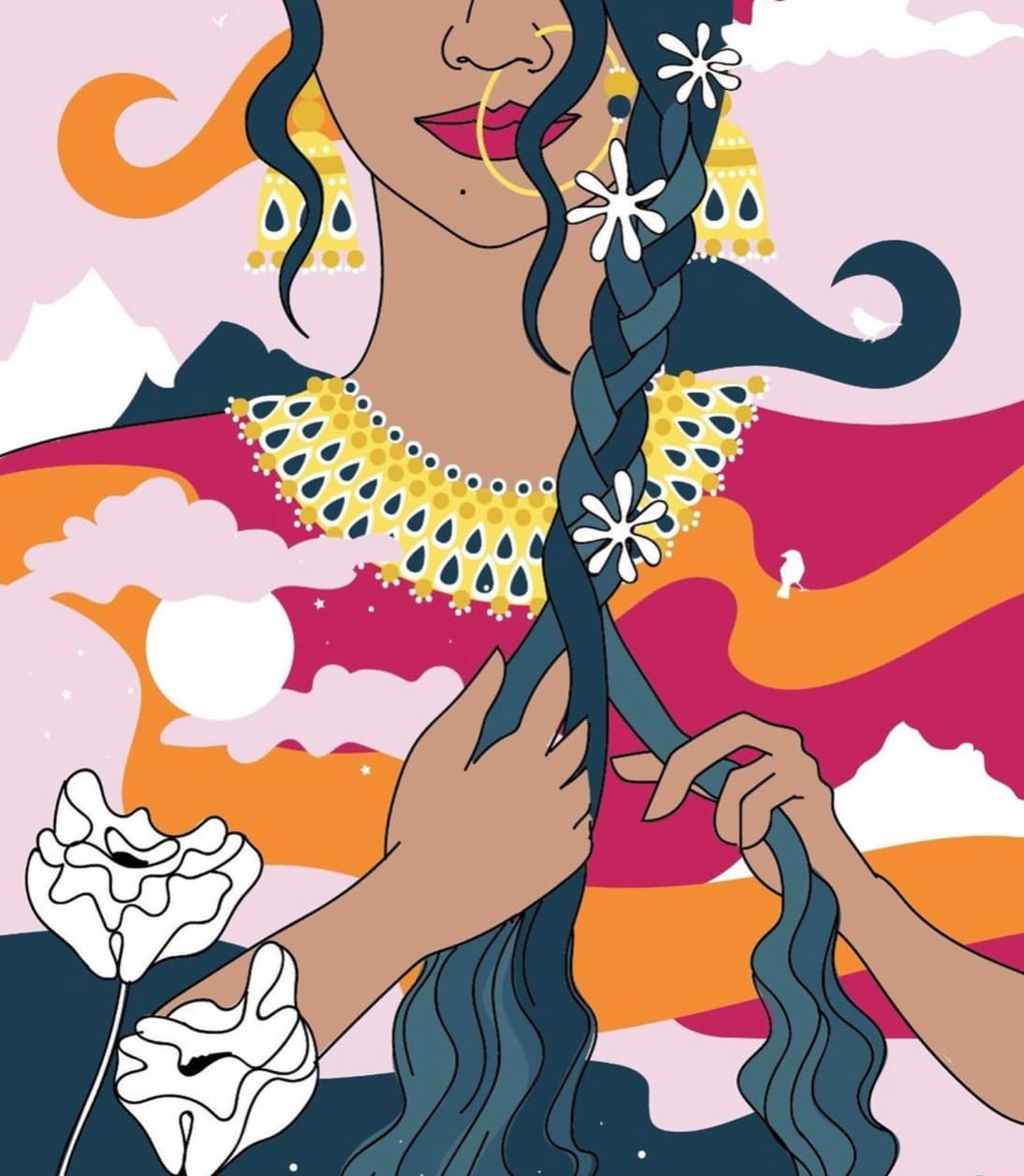 Threads of Resilience, a digital illustration of a braided figure whose hair becomes a waterfall, with mountains, birds and white poppies