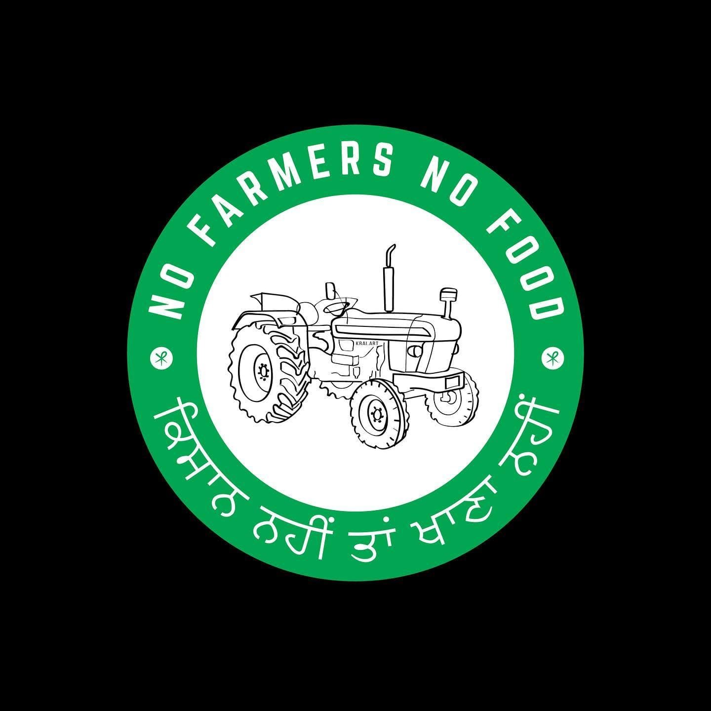 Tractor Union, a round green badge with a line drawing of a tractor and the words No Farmers No Food in English and Punjabi, on black